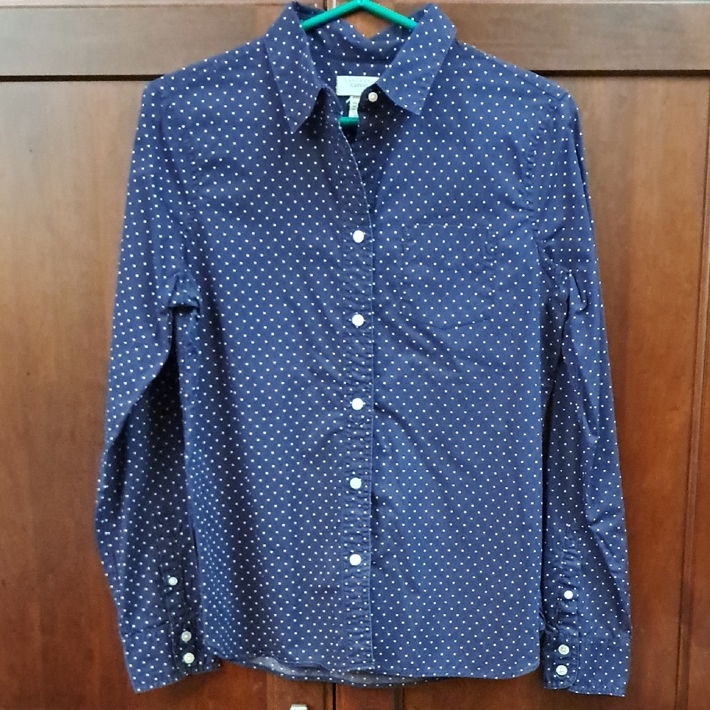 Lands' End Canvas 1963 Woman's Dark Blue Polka Dot Shirt